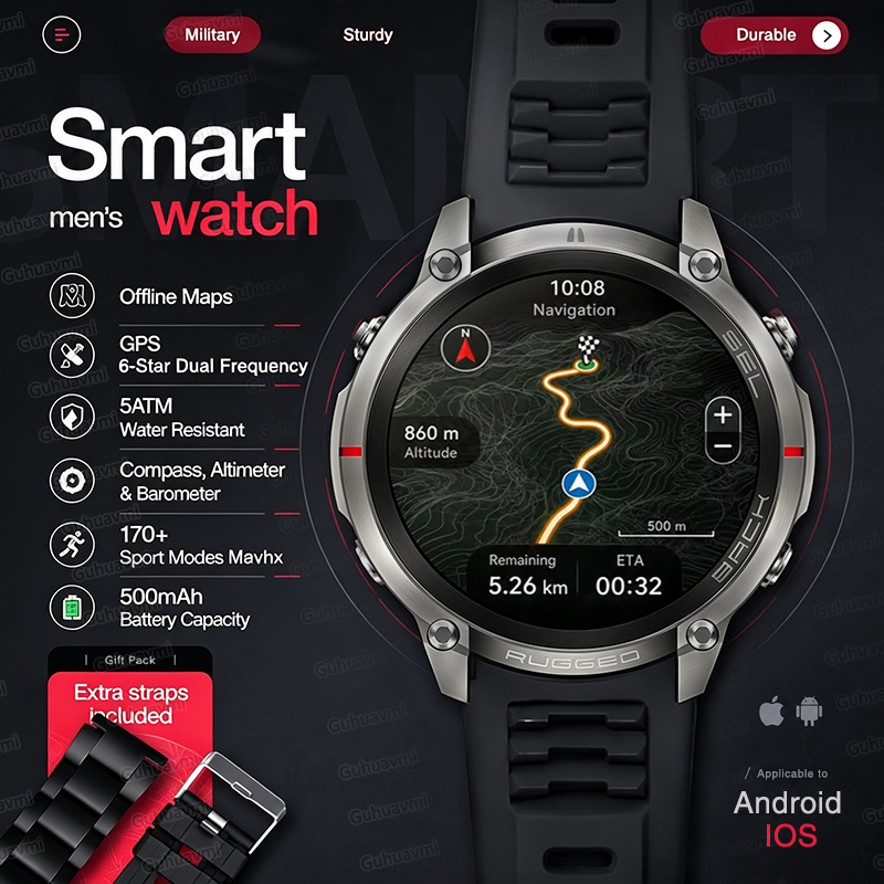 Outdoor Rug Waterproof - NEUE Robuste Militär-GPS-Smartwatch mit Offline-Kartenfunktion, Outdoor-Navigation,