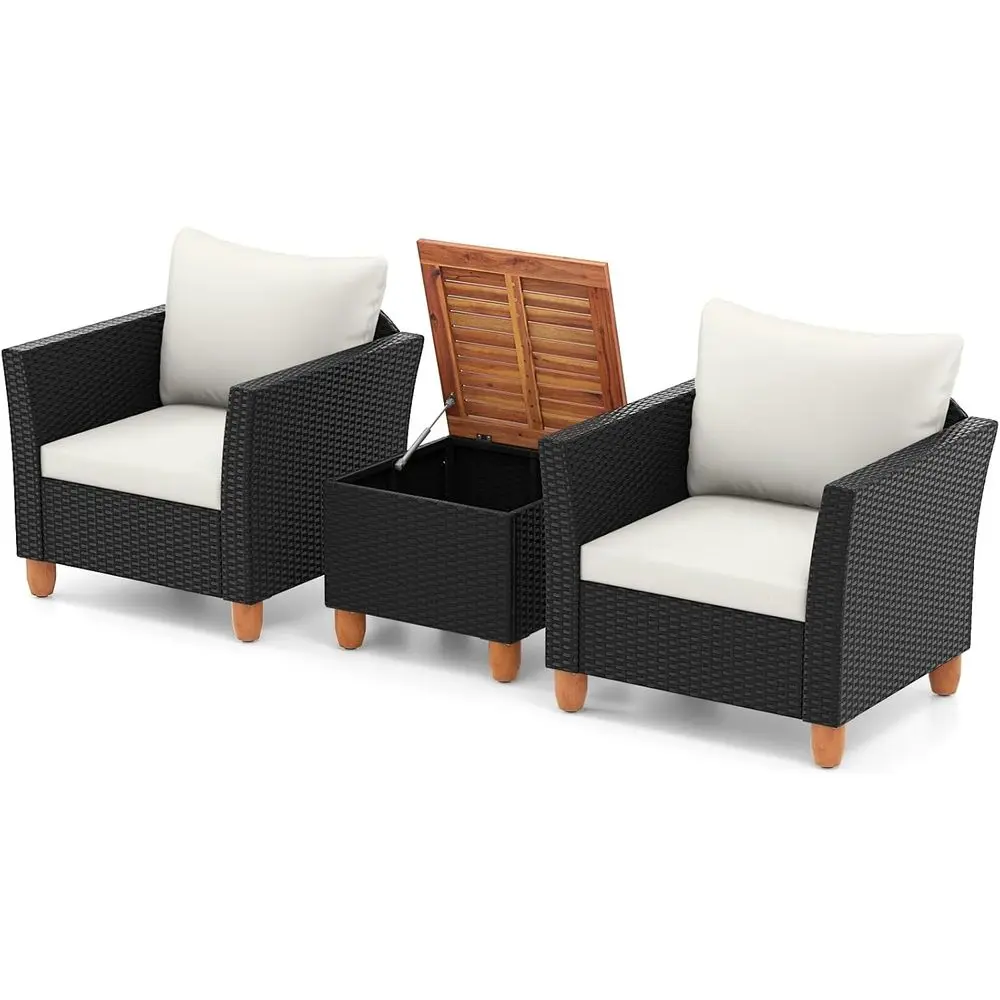 Outdoor Furniture Deals - 3-teiliges Outdoor-Terrassenmöbel-Set mit Kissen und Aufbewahrungstisch,